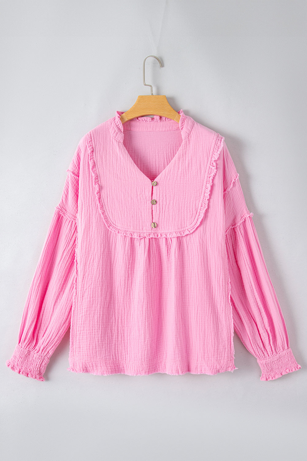 Retro Frilled Seam Crinkle Puff Sleeve Blouse | Pink