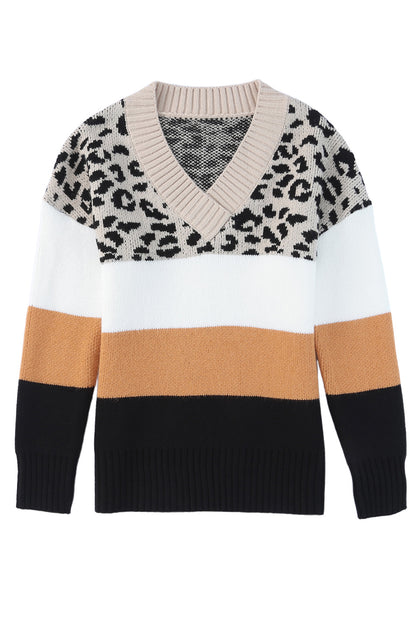 Leopard Colour Block Long Sleeve Sweater | Khaki