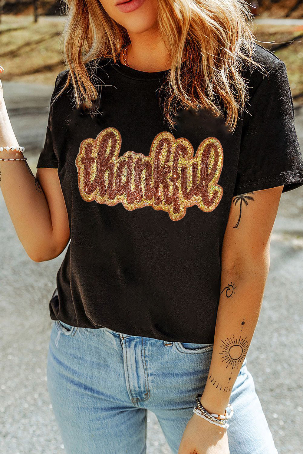 Black Sequined Thankful Round Neck Graphic Tee