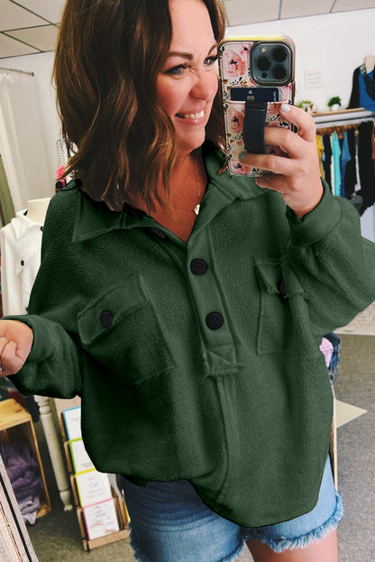 Plus Size Long Sleeve Flap Pocket Henley Top | Blackish Green