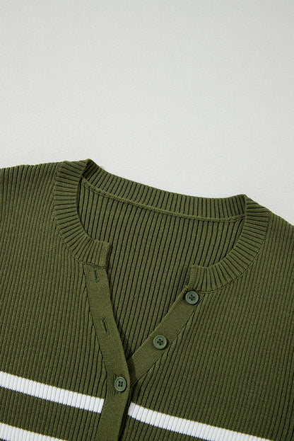 Ribbed Knit Henley Buttons Slim Fit Sweater | Green Stripe