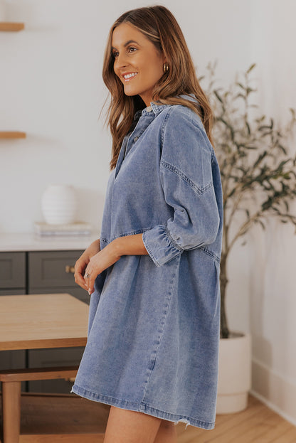 Buttoned Long Sleeve Denim Mini Dress | Sky Blue