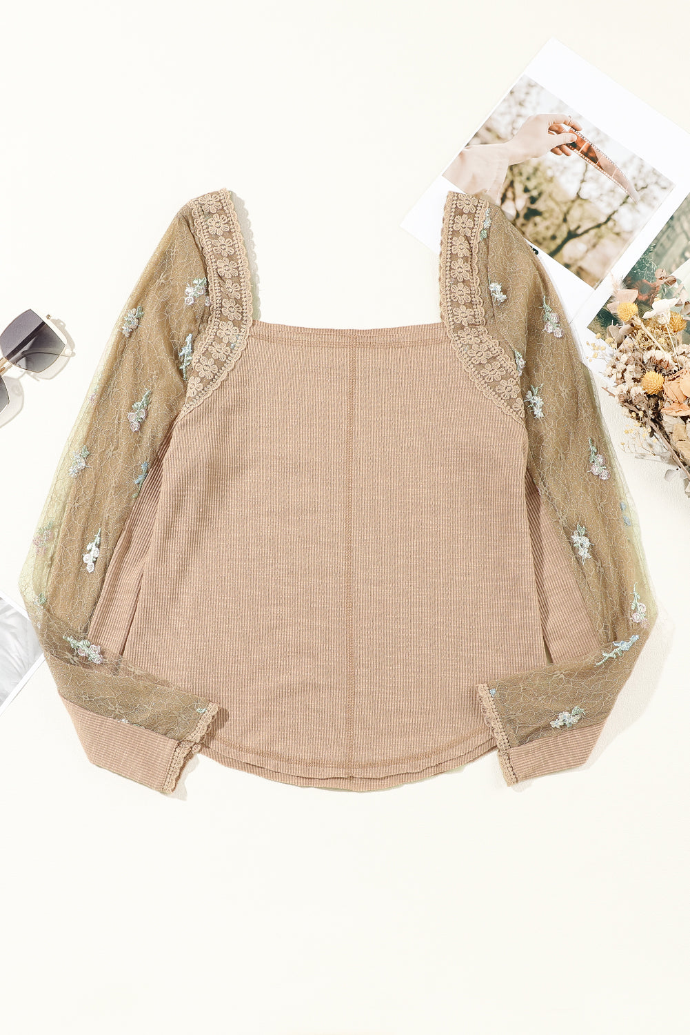 Light French Beige Floral Gauze Sleeve Patchwork Ribbed Knit Top | Flaxen