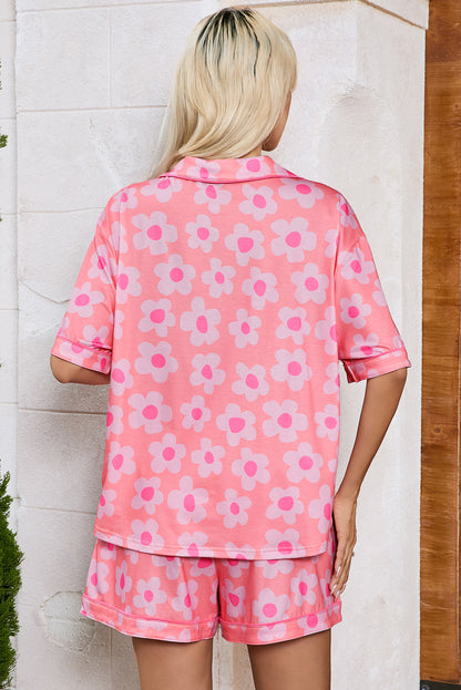 Flower Print Short Sleeve Shirt Pajamas Set | Pink