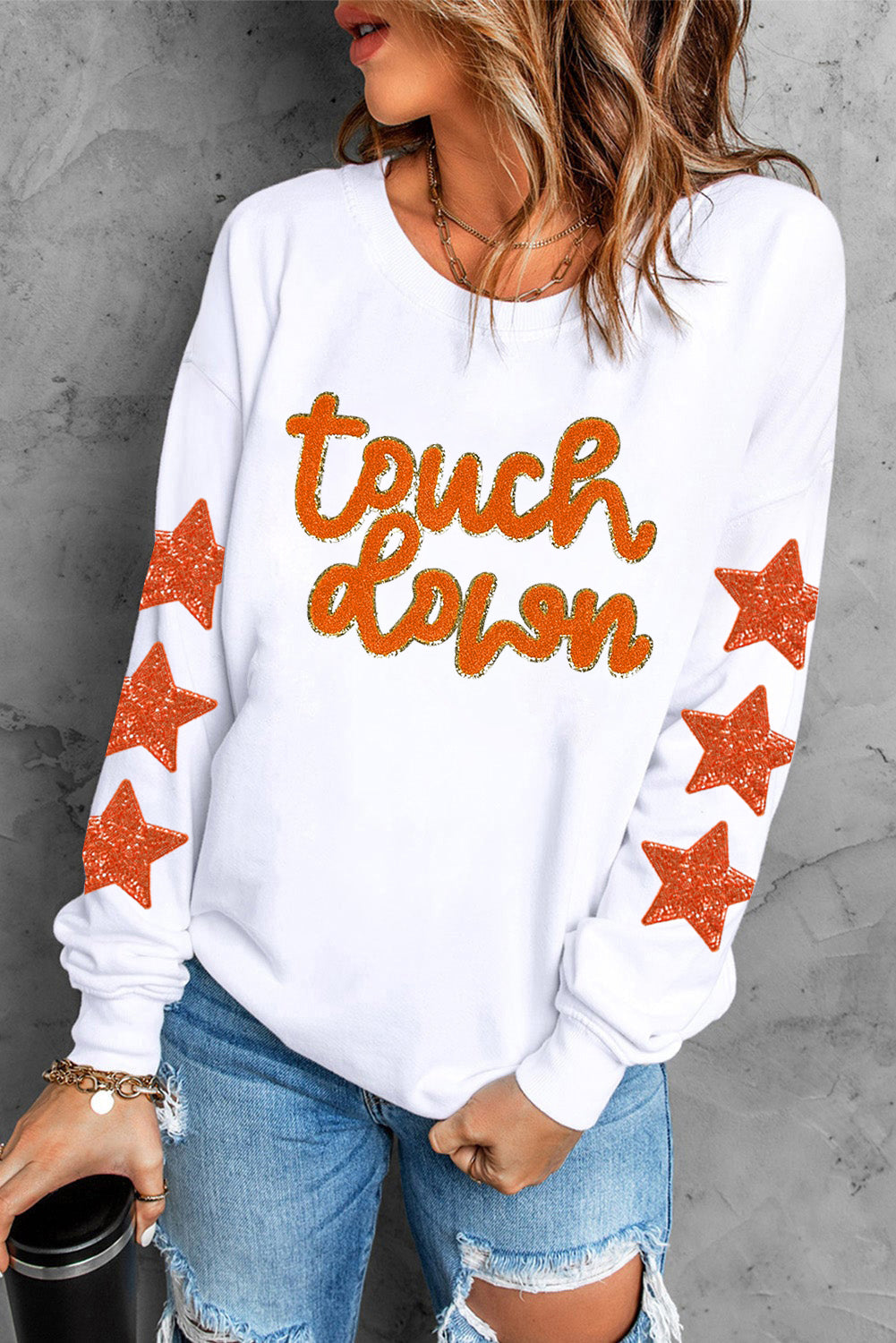 Glittering Touch Down Patched Pattern Star Sleeve Sweatshirt | Beige