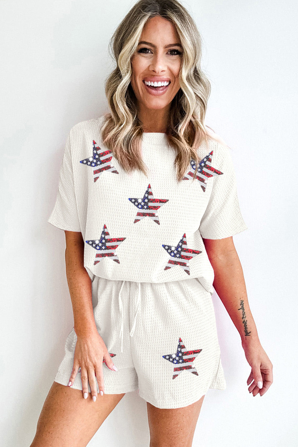 Waffle Sequin American Flag Star Pattern 2Pcs Shorts Set | White