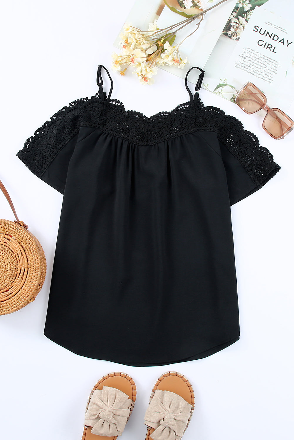 Crochet Neckline Off-Shoulder Short Sleeve Top | Black