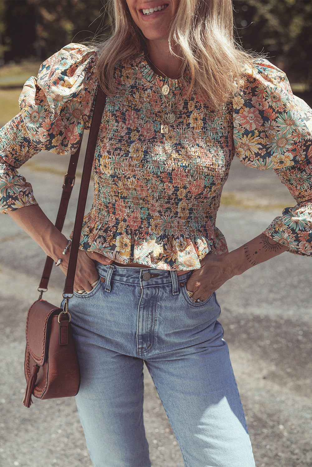 Floral Print Smocked Bubble Sleeve Ruffled Crop Top | Yellow