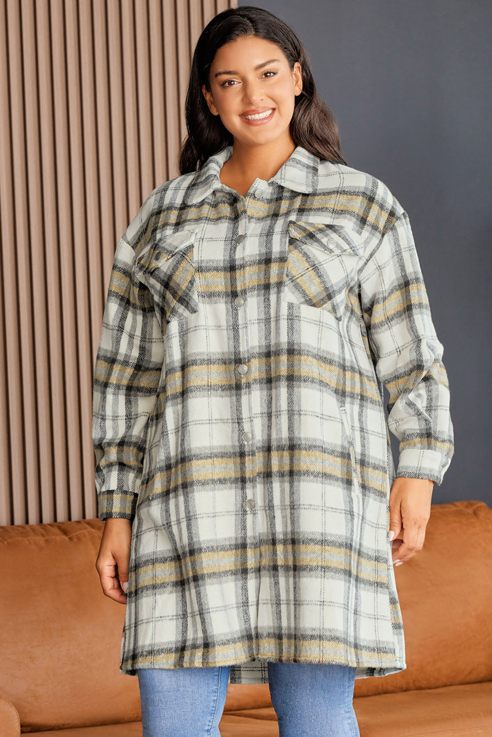 Plus Size Plaid Pocketed Side Slit Shacket | Multicolour