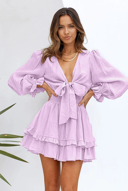 Deep V Neck Lantern Sleeve Knotted Tiered Mini Dress | Pink