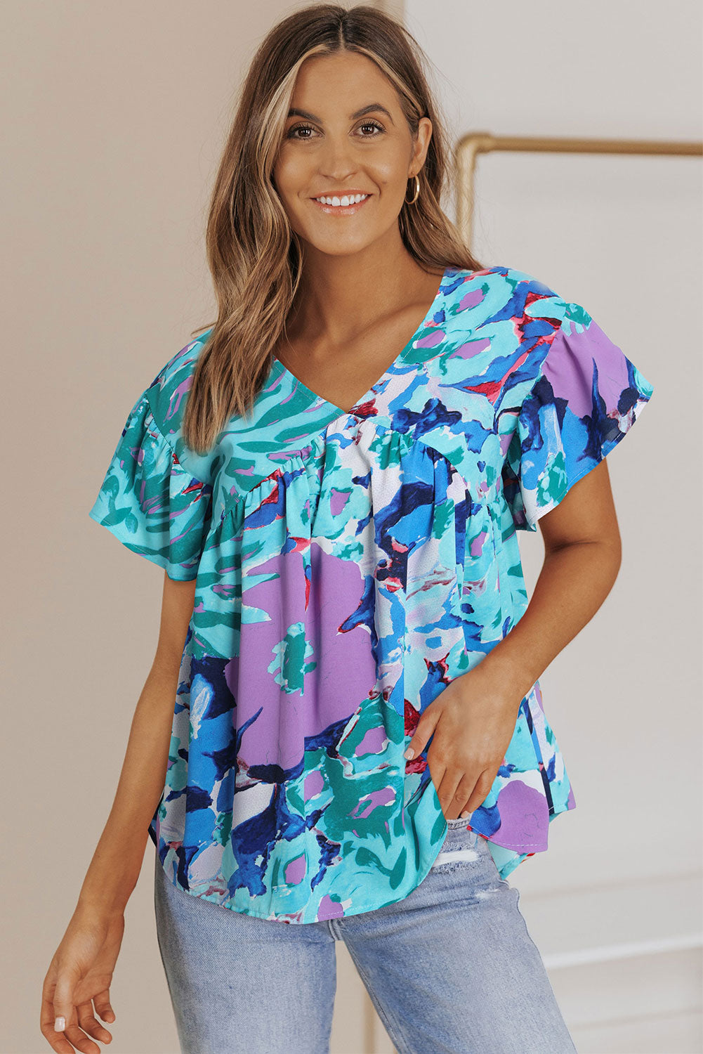 Abstract Print V Neck Flutter Sleeve Blouse | Sky Blue