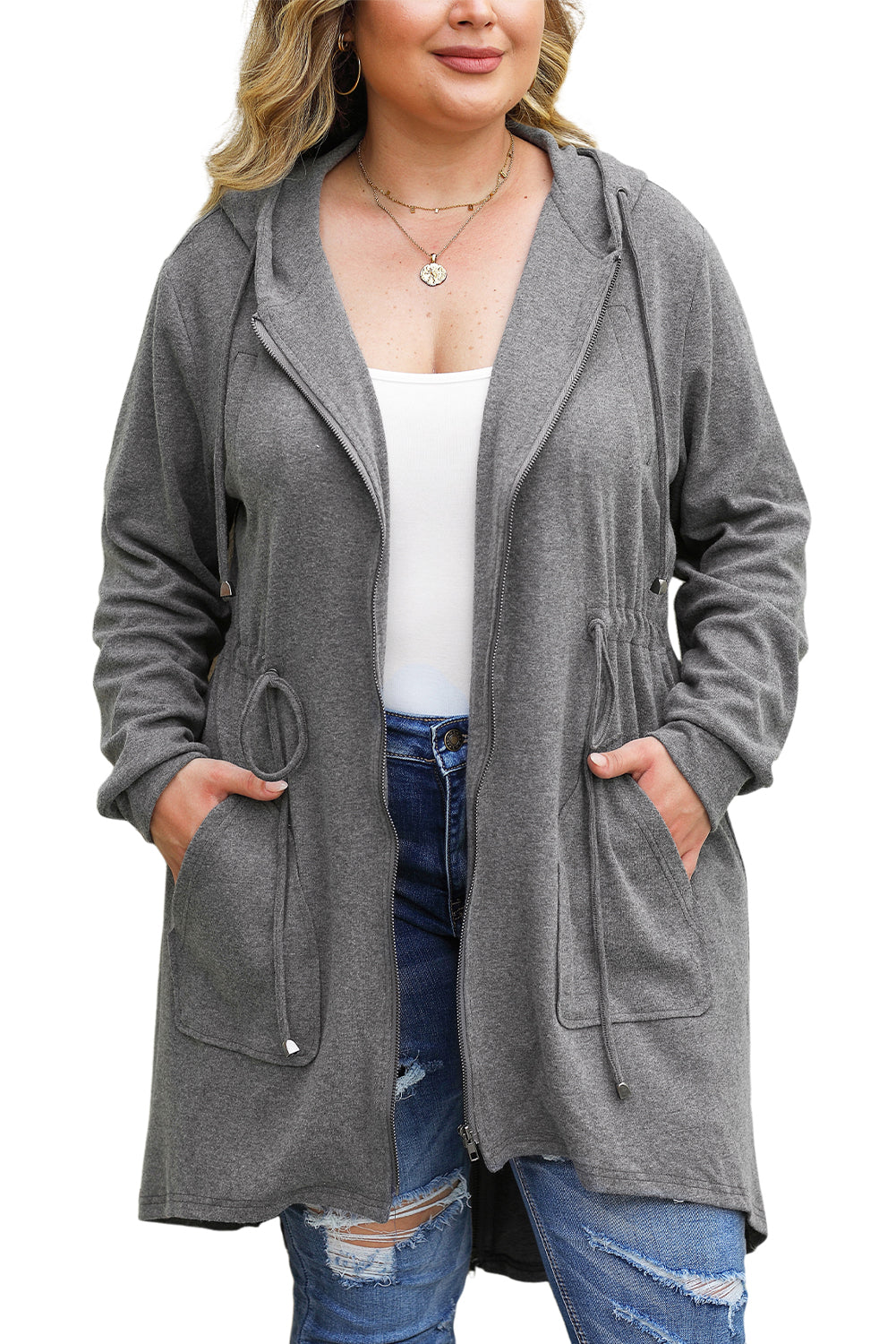 Plus Size Drawstring High Low Hooded Jacket | Gray