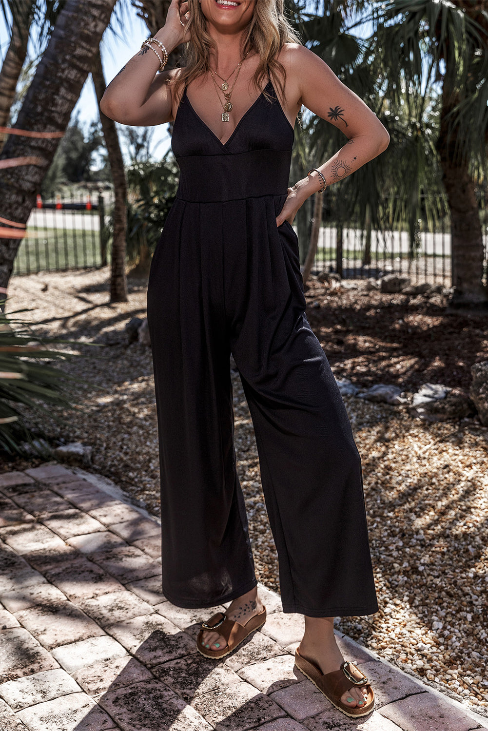 Wide Leg High Waist Sexy V Neck Cami Jumpsuit | Black