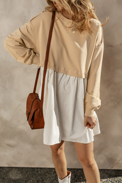 Sweatshirt Poplin Mini Dress | Pale Khaki