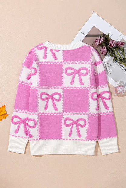 Bow Knot Two Tone Checkered Crew Neck Sweater | Pink