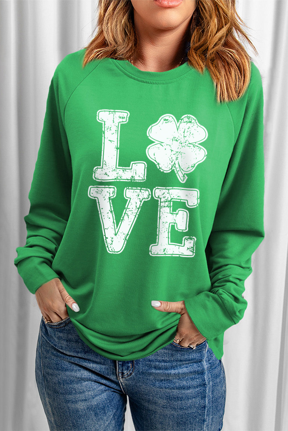 Love Clover Print Raglan Sleeve Pullover Sweatshirt | Green