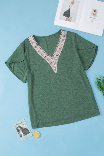 Plus Size Embroidery V Neck Draped Sleeve Blouse | Blackish Green