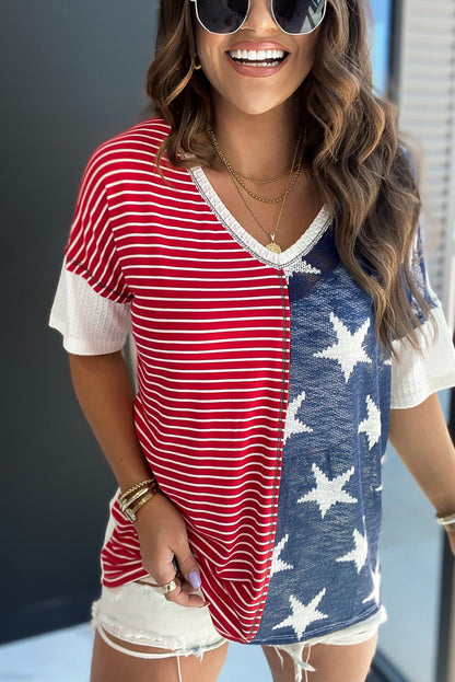 Stripes Stars Print Knit Short Sleeves Top | Multicolour