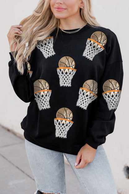 Basketball Patched Game Day Crew Neck Graphic Sweatshirt | Black