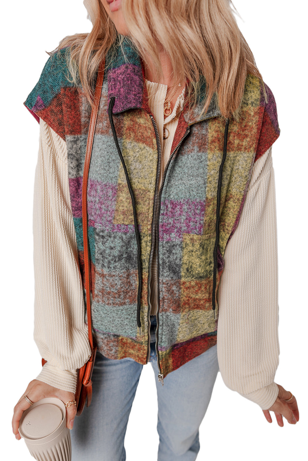 Plaid Print Side Pockets Zipped Loose Vest | Multicolour