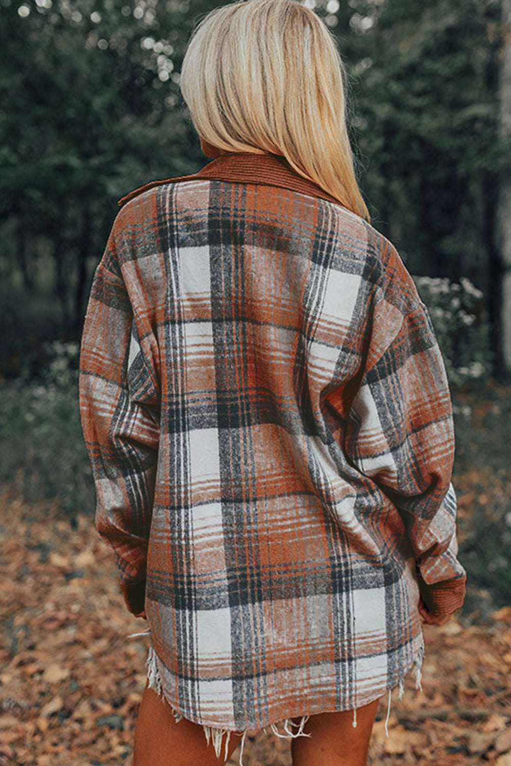 Plaid Corduroy Patchwork Chest Pocket Shacket | Cinnamon