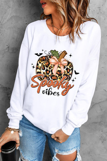 Spooky Leopard Pumpkin Print Crew Neck Sweatshirt | Beige