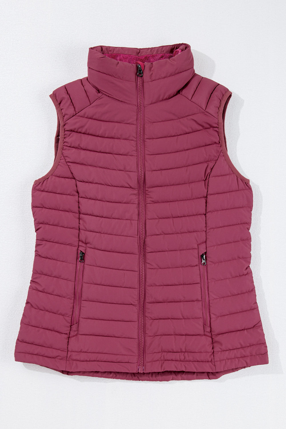 Plush Collared Quilted Zipped Puffer Vest | Burgundy