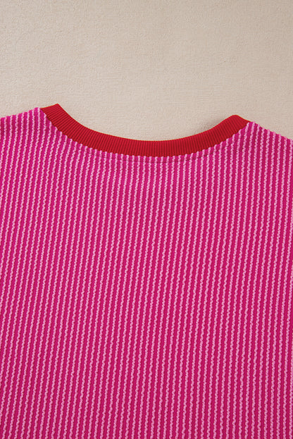 Corded Contrast Edge Drop Shoulder Long Sleeve Top | Bright Pink