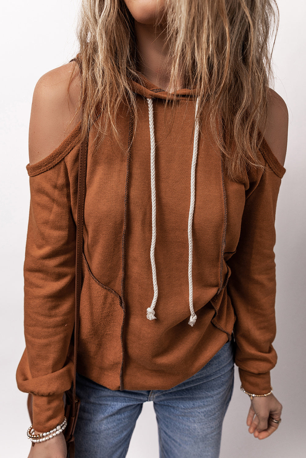 Exposed Seam Cold Shoulder Drawstring Hoodie | Cinnamon