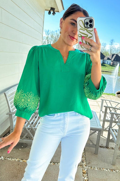 Contrast Floral Embroidered 3/4 Sleeve Notched V Neck Elegant Blouse | Green