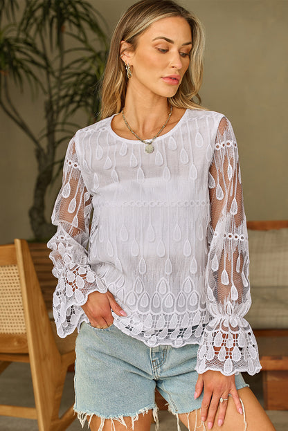 Beige Embroidered Mesh Flounce Sleeve Blouse