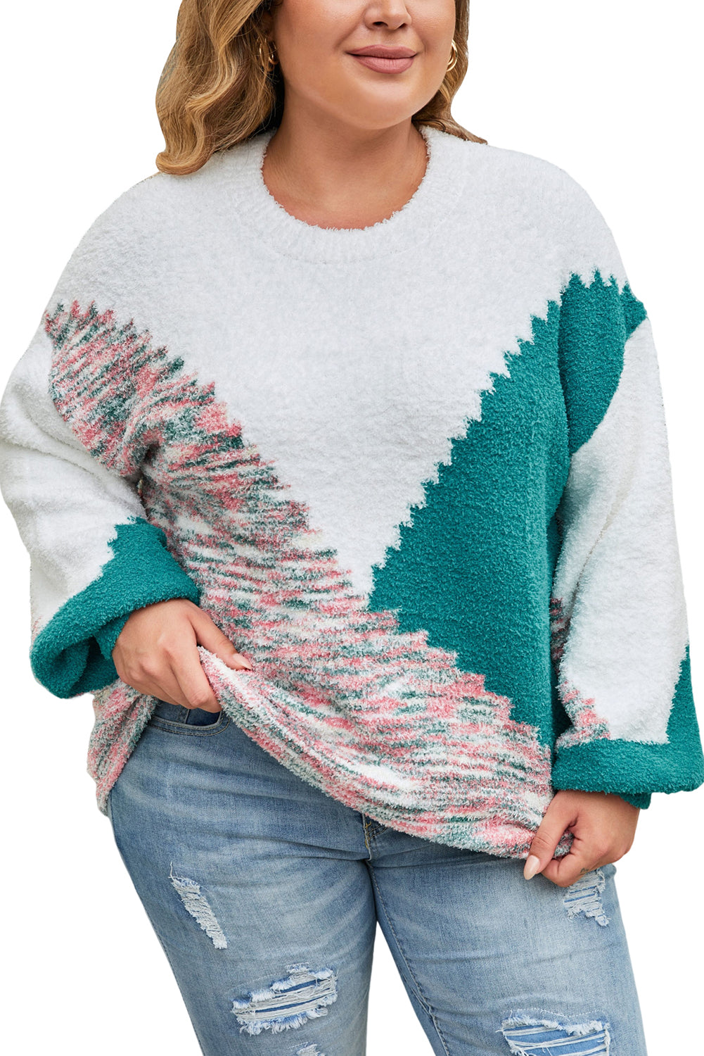 Scalloped Colour Block Plus Size Sweater | Multicolour