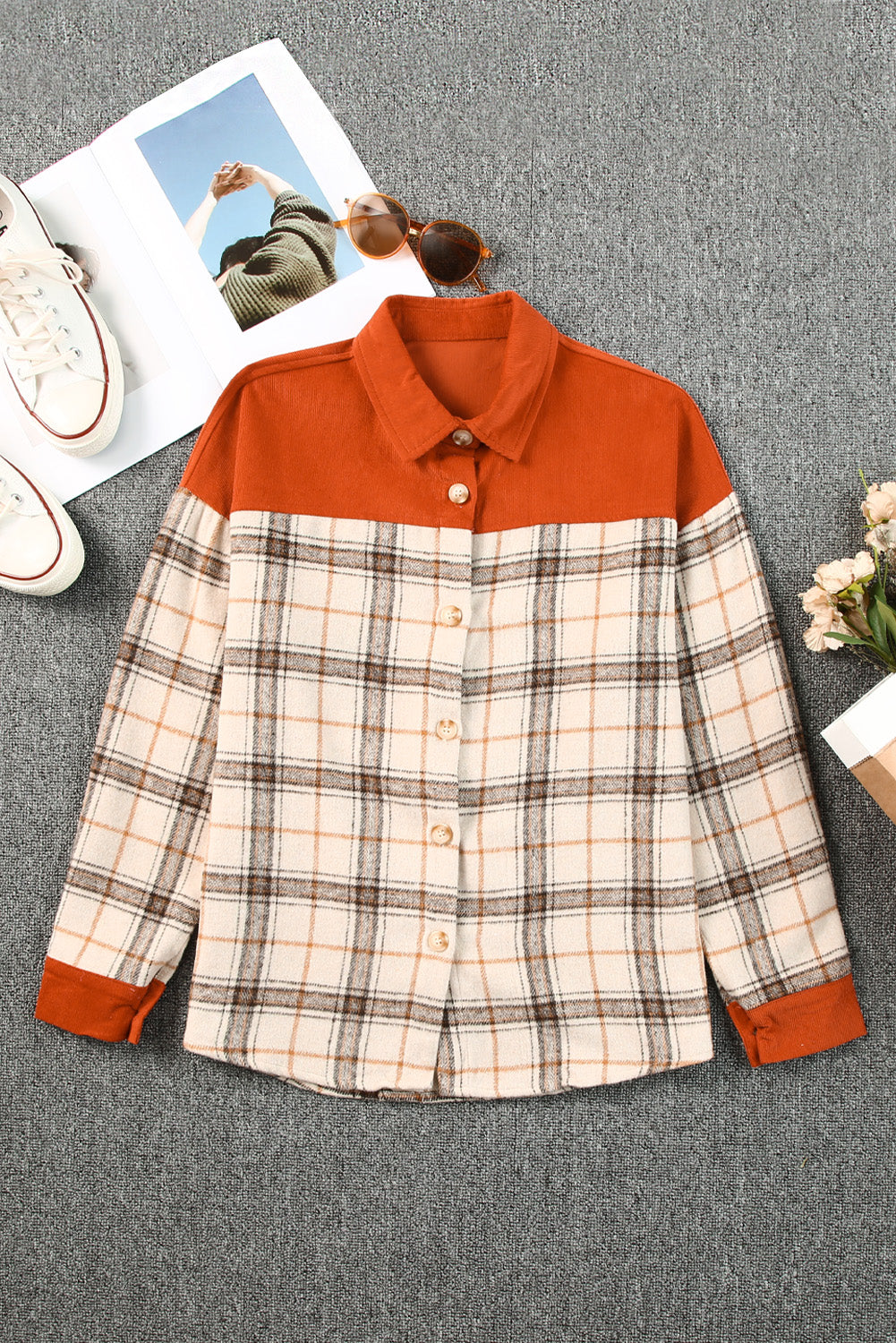 Contrast Corduroy Plaid Shacket | Orange