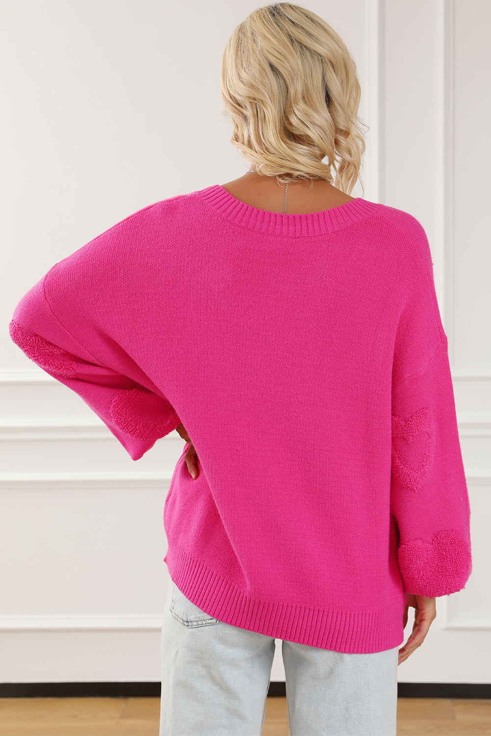 Pearl Embellished Fuzzy Hearts V Neck Sweater | Rose Red