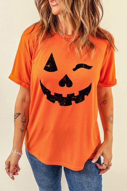 Halloween Pumpkin Face Print Crew Neck T Shirt | Orange