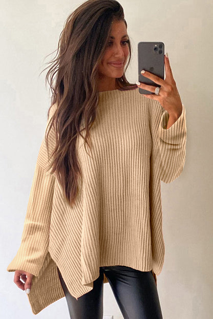 Cable Knit Drop Shoulder Side Slits Loose Sweater | Apricot