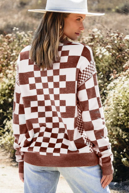 Checkered Print Drop Shoulder Round Neck Sweater | Brown