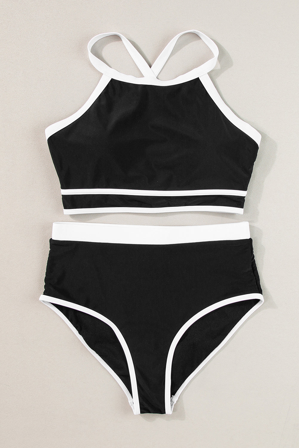 Contrast Trim Crisscross Back High Waisted Bikini | Black