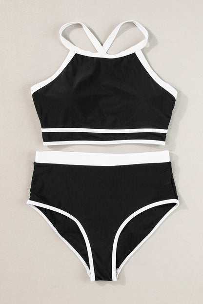 Contrast Trim Crisscross Back High Waisted Bikini | Black