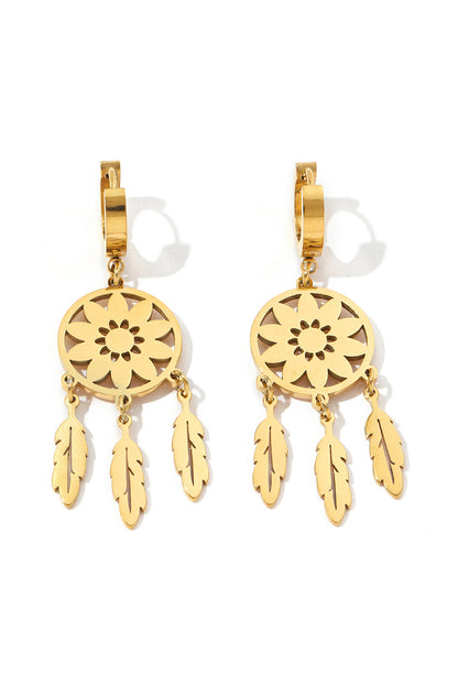 Dream Catcher Feather Fringed Alloy Dangle Earrings | Gold