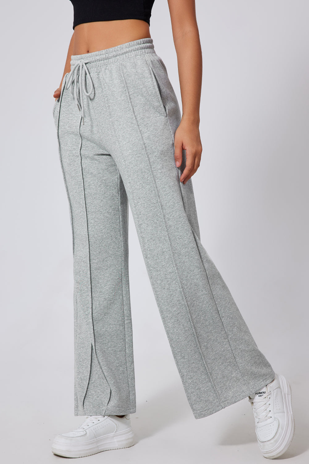 Seamed Drawstring High Waist Wide Leg Sweatpants | Gray