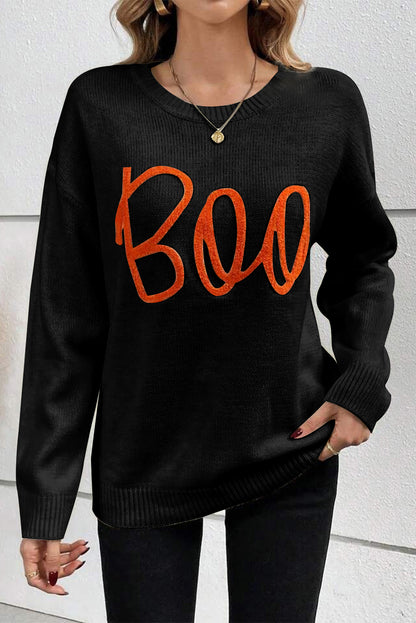 Boo Knitted Pattern Ribbed Edge Drop Shoulder Sweater | Black