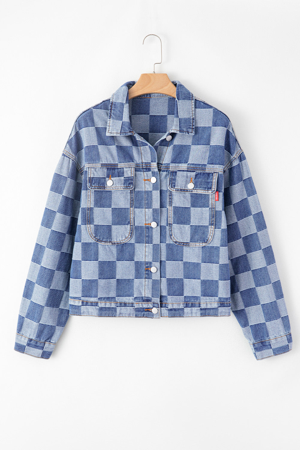 Checkered Patchwork Button Up Denim Jacket | Light Blue