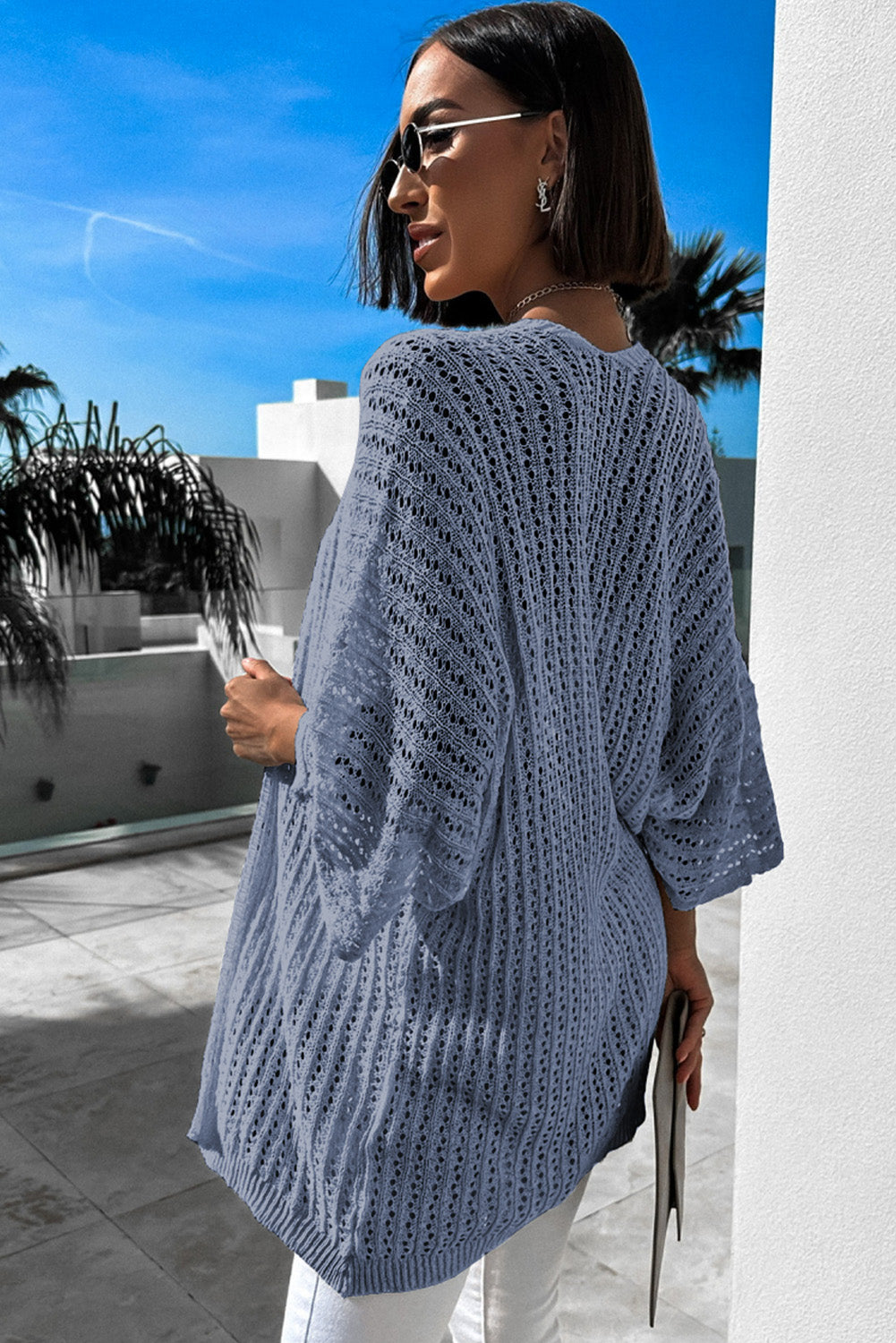 Hollow-Out Bracelet Sleeve Knit Cardigan | Sky Blue