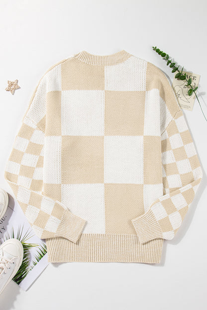 Checkered Print Drop Shoulder Sweater | Flaxen