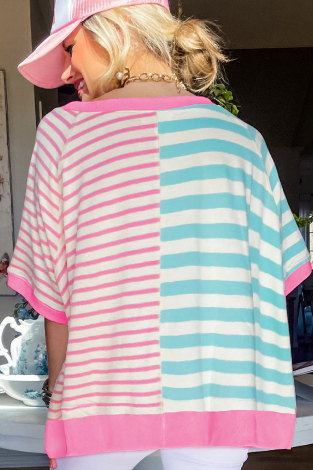 Contrast Patchwork Oversized T Shirt | Pink Stripe