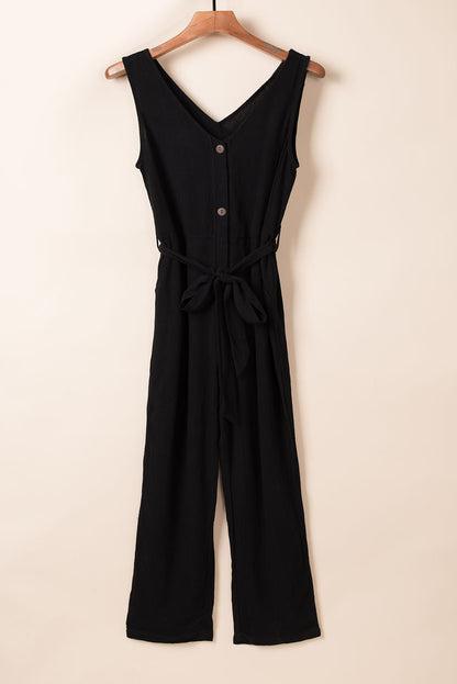 V Neck Button Belted Jumpsuit With Pockets | Black