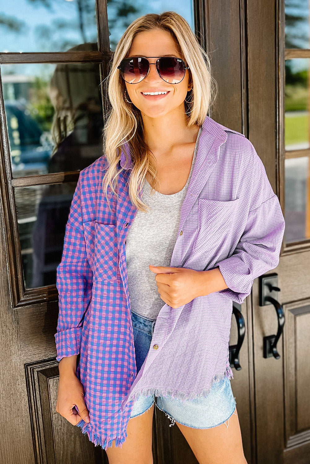 Mixed Plaid Button Down Long Sleeve Chest Pocket Shirt | Purple