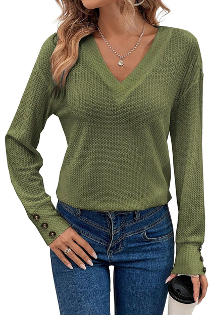 Textured Knit V Neck Button Cuffs Long Sleeve Top | Jungle Green