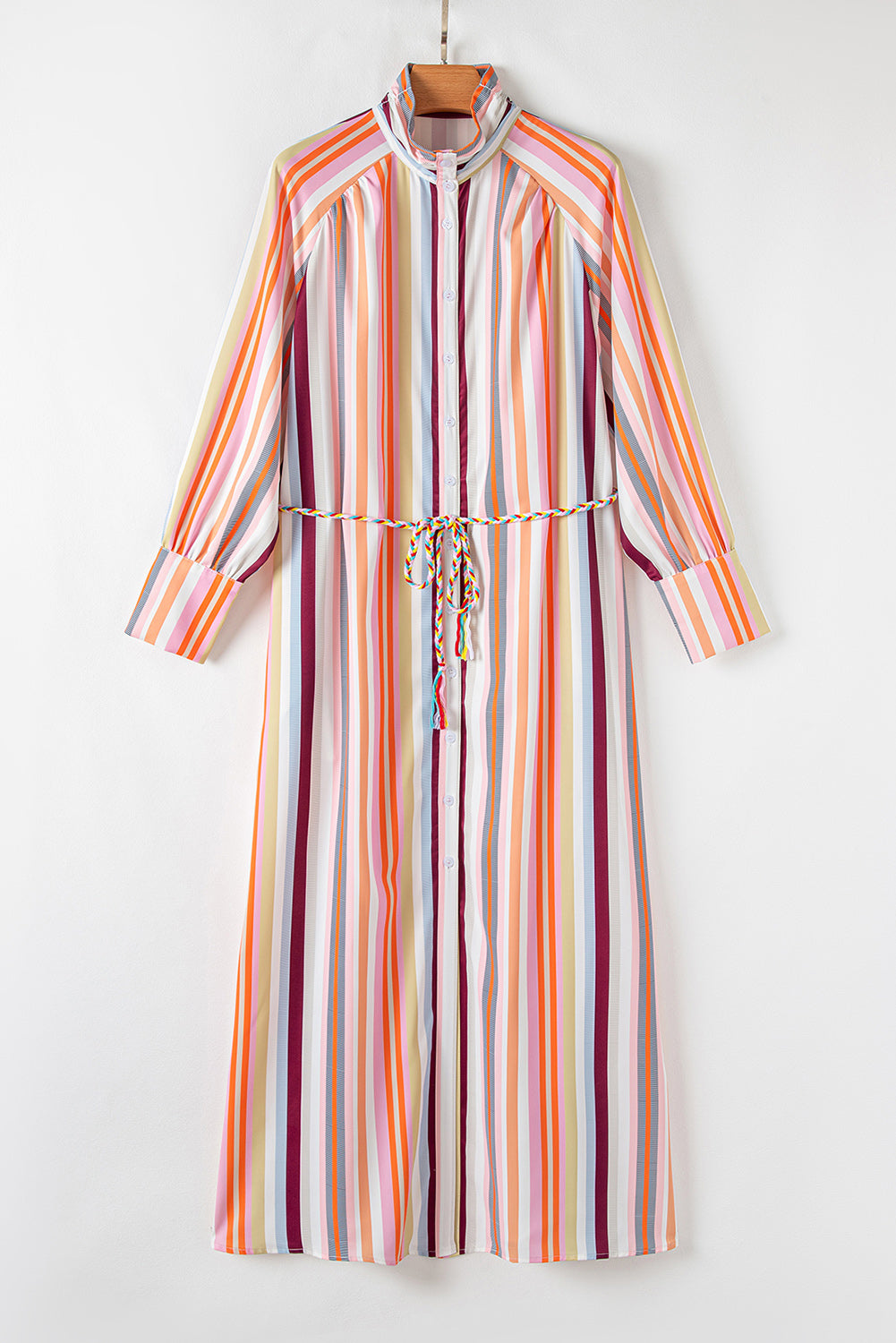 Multicolour Striped Cuffed Sleeve Tassel Tied Shirt Maxi Dress | White